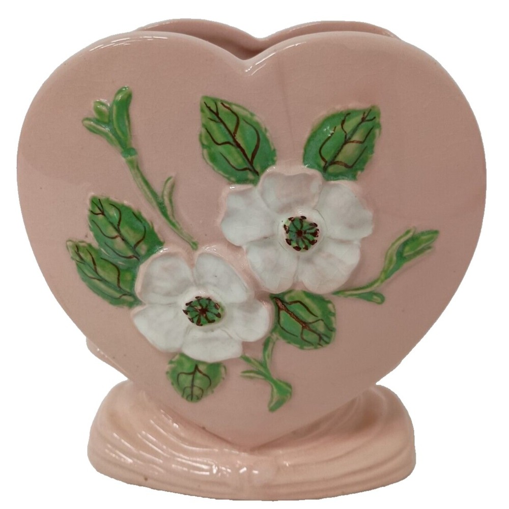 VTG Hull USA Pottery Pink Ceramic Dogwood Blossom Heart Vase Mid‎ Century Modern